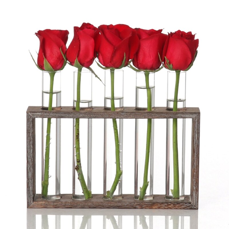 Glas provrör vas plantera blomkrukor med trä stativ hydroponiska växter bonsai kruka hem bordsskiva trädgård dekoration