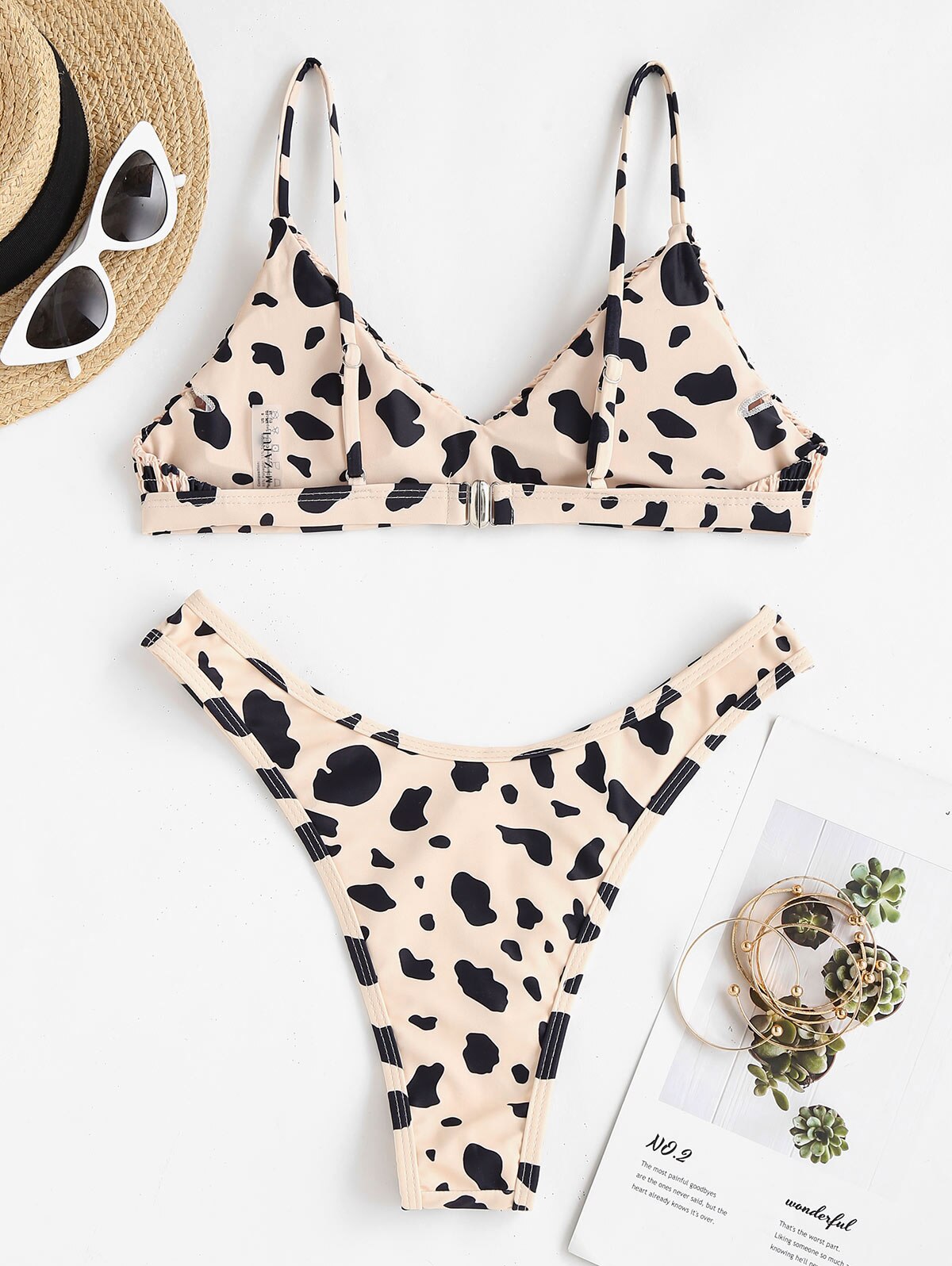 Zaful Dier Koe Print Shirred Hoge Been Cheeky Bikini Badmode
