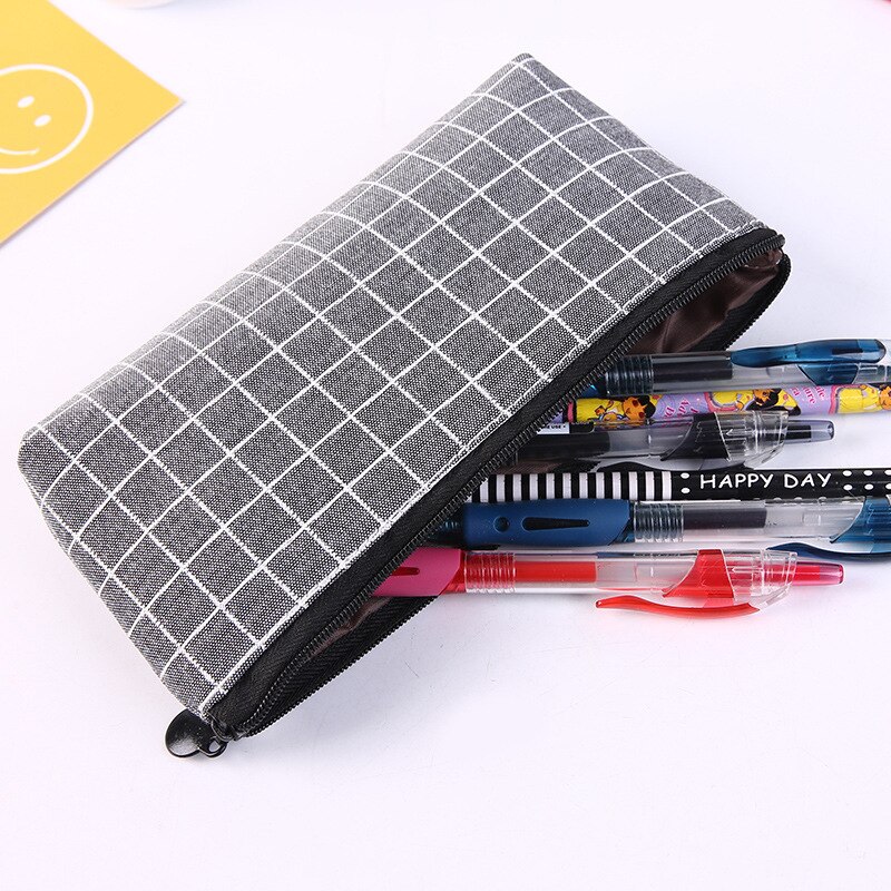 1pcs Canvas Geometric Pencil Case School Color Cute Kawaii Simple Striped Grid Solid Pencil Bag Pouch Students Office Supplies