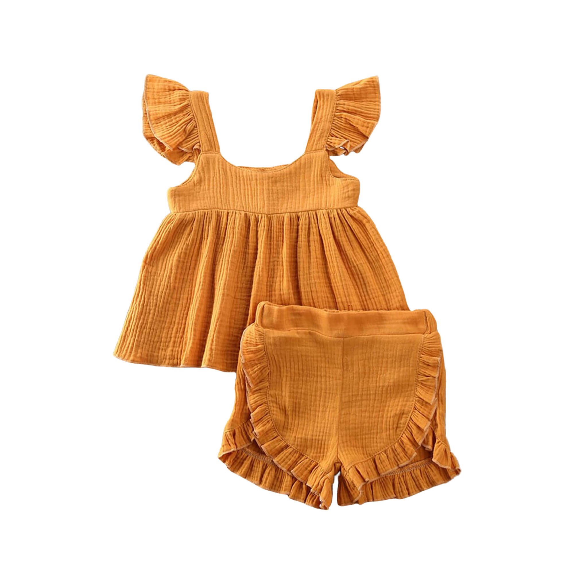 Vêtements d'été pour bébés, ensemble de 2 pièces pour bébés filles, en coton et en lin, chemise hauts haut et short en PP, tenue de soleil solide, tendance: YELLOW / 12M