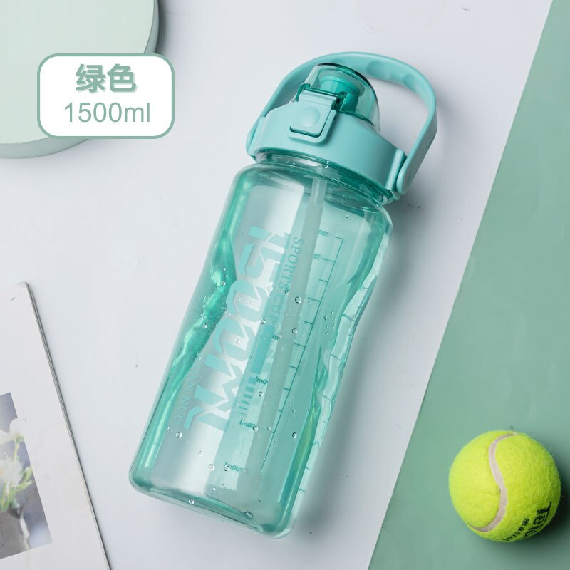 Sturdy Sports Water Bottle with Straw BPA FREE Waterbottle 2L 3L Larger Water Bottl Fitness Portable Drink Bottles Travel Kettle: Green 1500ml