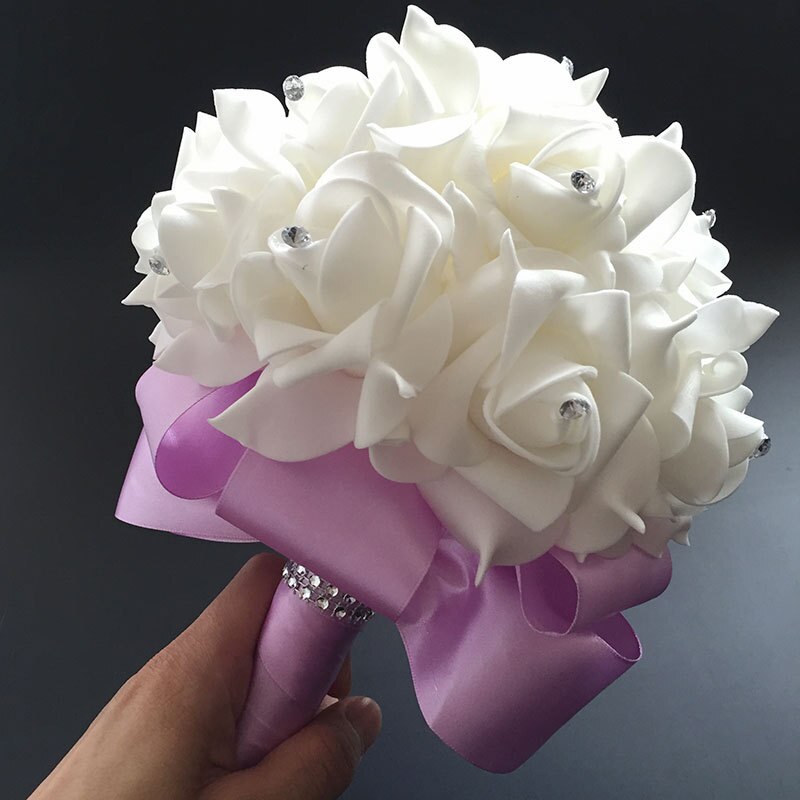 Handmade Beautifu Lilac Bridal Bridesmaid Flower Wedding Bouquet Artificial Rose Ribbon Crystal Bouquets de noiva