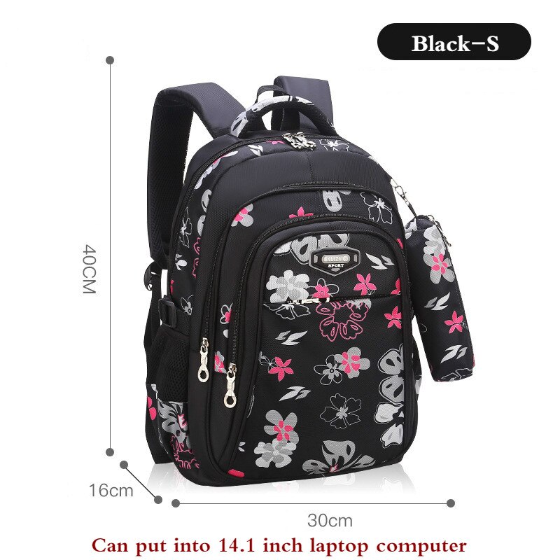 Sac à dos rouge pour filles, imprimé de fleurs, cartable pour élèves, cartable pratique, cartable pour enfants,: Black-Small