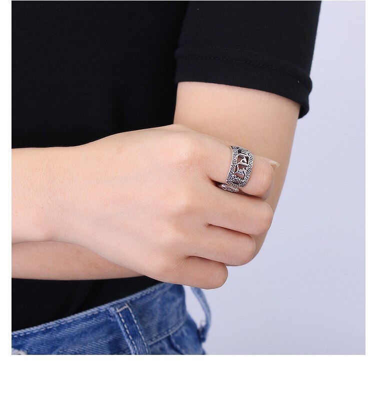 Fatto a mano 100% 925 Argento Tibetano Sei Parole Anello Buddista OM Mantra Anello Buona Fortuna Anello Resizable