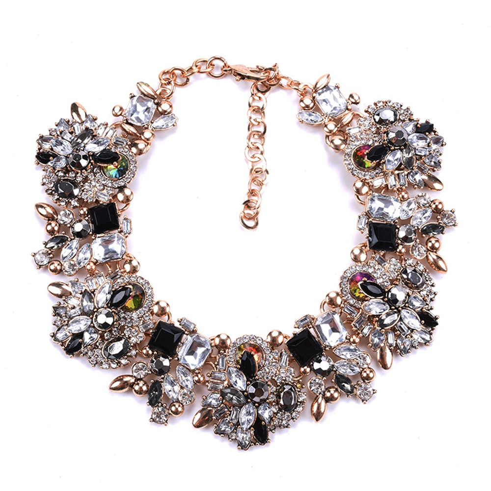 Fatpig Party Charm Rhinestone Flowers Necklace Women Crystal Jewelry Choker Statement Bib Collar Necklace halloween