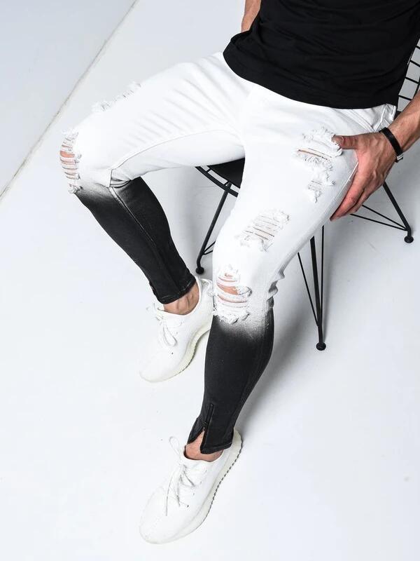 Gradient sort hvid herre jeans skinny flået denim blyantbukser pantalones mand slank streetwear hip hop jean plus størrelse