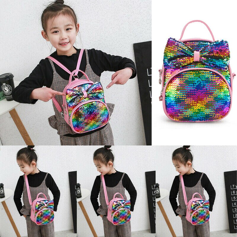 Dzieci dwa sposoby za pomocą cekiny torba łuk mini PU skórzany plecak dla dzieci dziewczyny nastolatek dziewczyny mody Crossbody torba na ramię