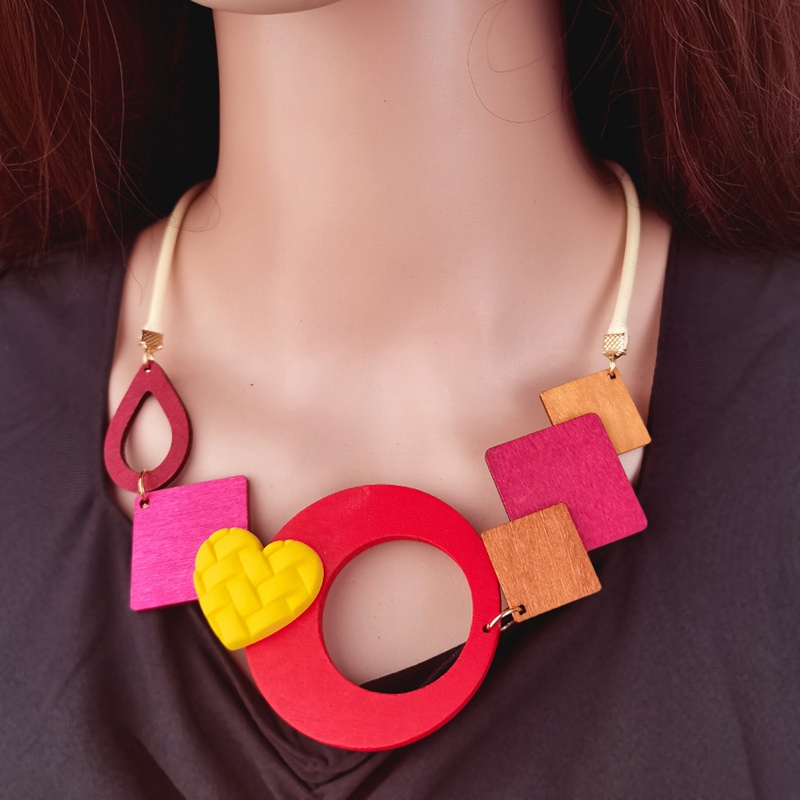 Colgante de madera geométrico, collar étnico con pechera para mujer, collares largos hechos a mano, joyería Vintage: Oro oscuro