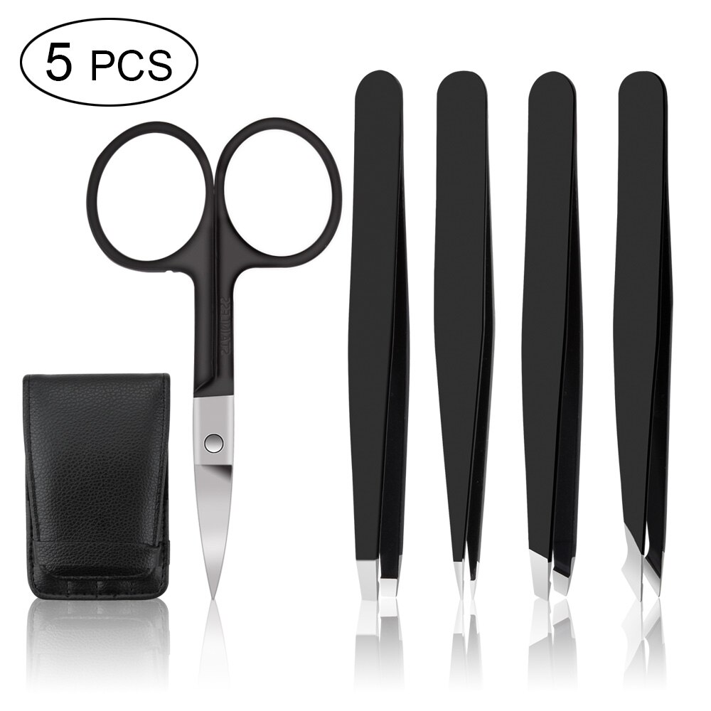 Pinzas para cejas de acero inoxidable, Punta inclinada, punta plana, herramientas cosméticas profesionales, 1/4/5 Uds.: 5pcs Black
