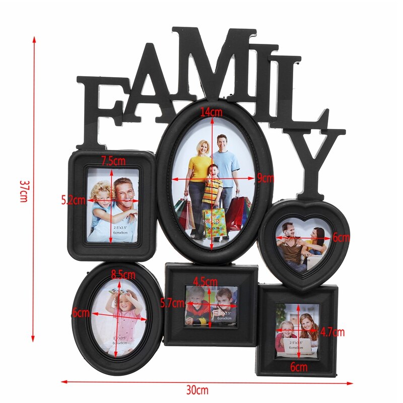 Family Photo Frame Wall Hanging 6 Multi-Sized Pictures Holder Display Home Decor 30X37Cm Back Side with Pull Tabs - Black