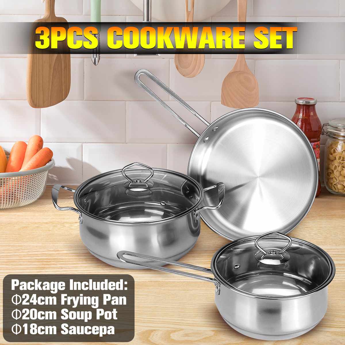 3PCS/Set Stainless Steel Soup Pot Cookware Set Saucepan Thickened Frying Pan Saucepan With Glass Lid Kitchen Tool