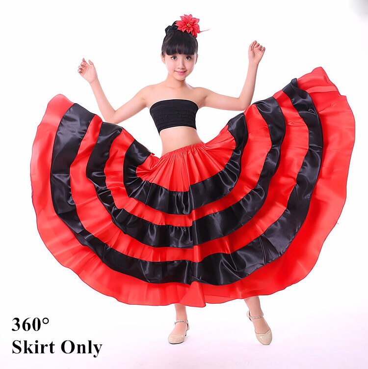 Latin Dance Dress Salsa Tango Dance Dress Skirt Adult Performance Costume Girls Ballroom Flamengo Dress Bullfighting Skirts: 360 Degree / 150cm(Skirt 70-75cm)