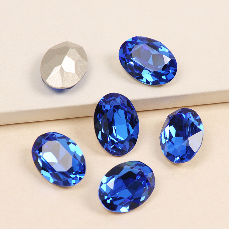 Yanruo 4120 Oval Blue Sapphire K9 Kristal Met Zilveren Klauwen Strass Naaien Op Strass Glas Naaien Jurk Pointback Stenen Gems