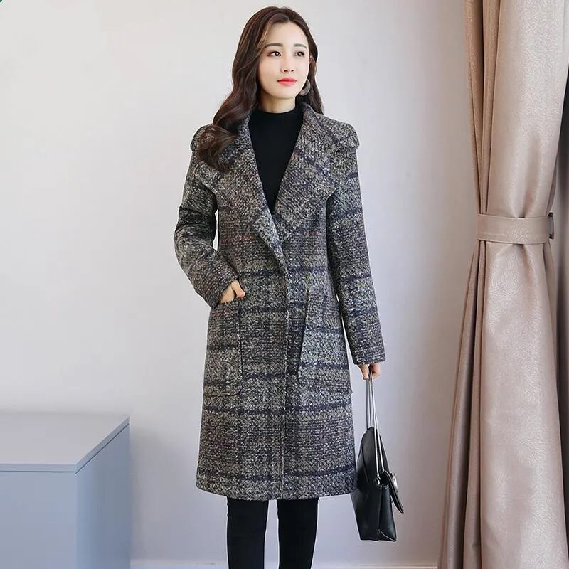 Manteau en laine pour femme, pardessus en treillis, grande taille, Long, décontracté, automne hiver