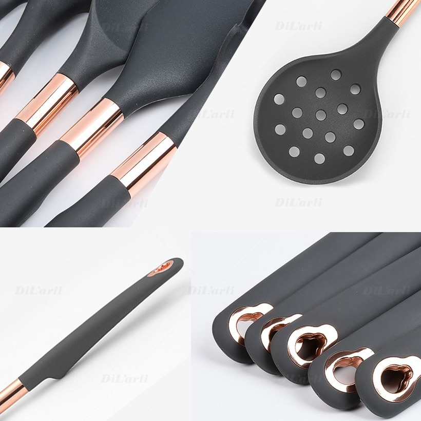 Silicone Kitchenware Set Cooking Tools Rose Gold-plated Simple Hanging Hole Easy To Store Kitchen Utensils Accessories Non-Stick