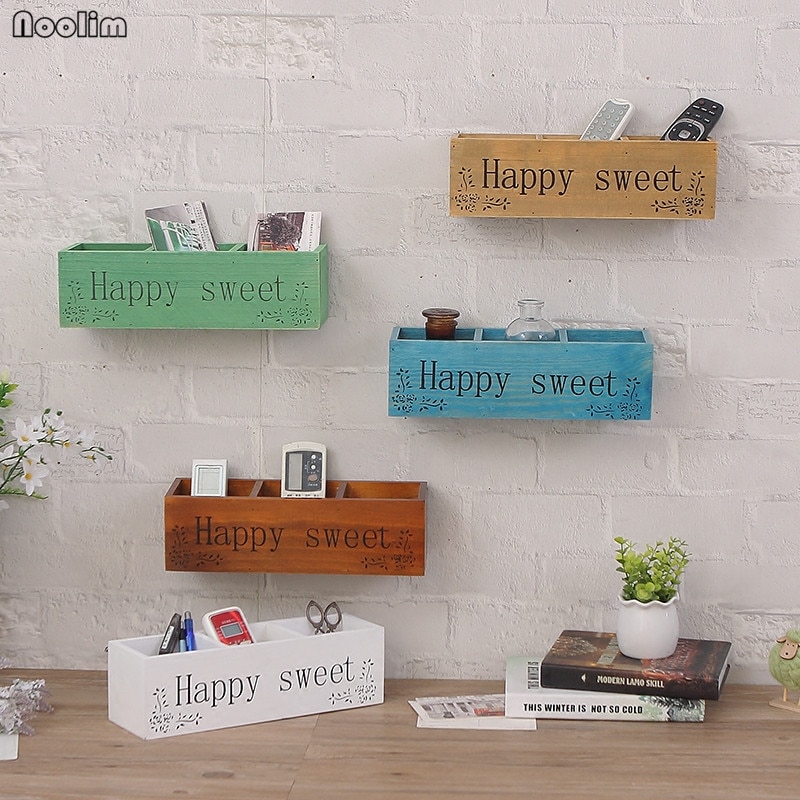 NOOLIM Retro Solid Wood TV Remote Control Storage Rack Sundries Storage Box Living Room Multi-grid Wall Hanging Wooden Holder