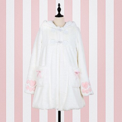 Abrigo de felpa estilo universitario japonés de invierno de lolita dulce, grueso, lindo, con botones de cuerno de gato, abrigo mediano largo, abrigo de chica kawaii loli: Blanco