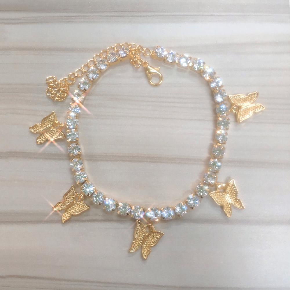 GLAMing Nette Gold Schmetterling Fußkettchen Armband für Frauen Strass Fuß Knöchel Kette Schmuck Schmetterling Anhänger: Gold-farbe