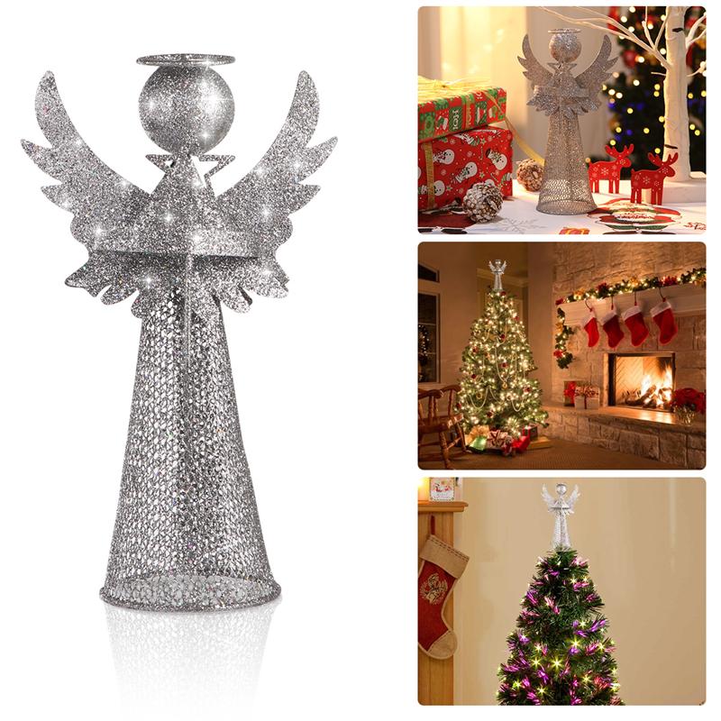 Amosfun Christmas Tree Topper Angel Treetop Decoration Angel Figure For Festive Home Ornament (Silver)