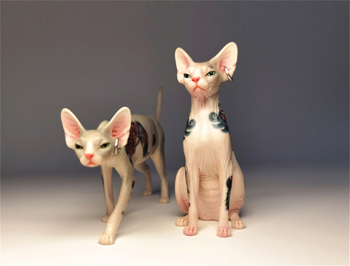 JxK 1:6 Scale Tattoo Canadian Hairless Cat Pet Sphynx Healing Figure Felidae Animal Collector Toy Resin Desktop Decoration