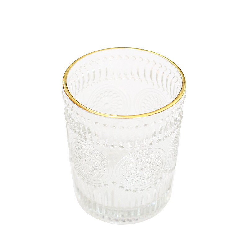 Nordisk retro relief solblomst glas vandglas vin juice mælk morgenmad guld indrammet glas: Guldrunde