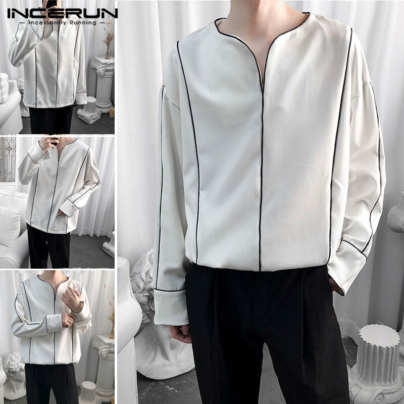 INCERUN Long Sleeve Loose Brand Shirts Men Casual Shirt Korean Chic V Neck Blouse Color-block Camisa Plus Size