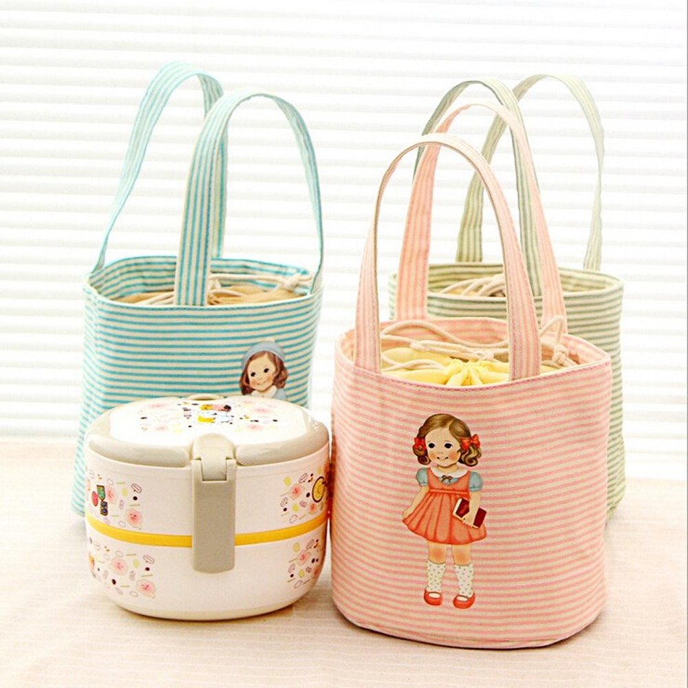 Cute Girl Cylindrical Lunch Bag Students Round Lunch Box Bag Waterproof Insulation Circular Drawstring Food Thermal Cooler Tote