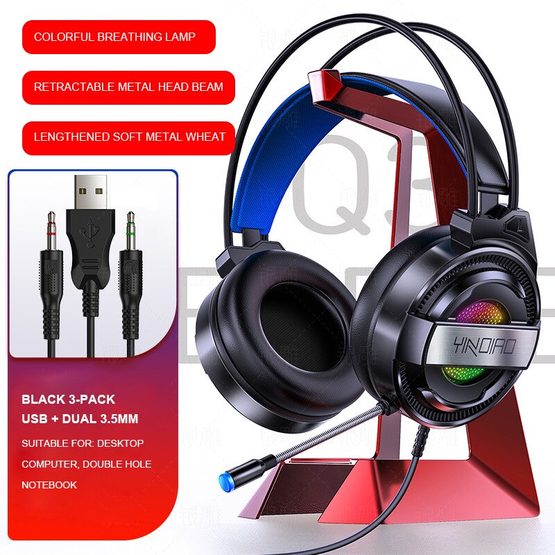 Wireless&Wired Bluetooth headphone with microphone Gaming headset Surround Sound Stereo with USB Light headphone for pc gamer: 3.55Black