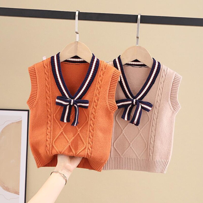 Wiosna jesień śliczne bowknot sweter nastolatek chłopięcy sweter w szpic kamizelka dzieci kamizelka szkoły dziewczyny zimowe swetry