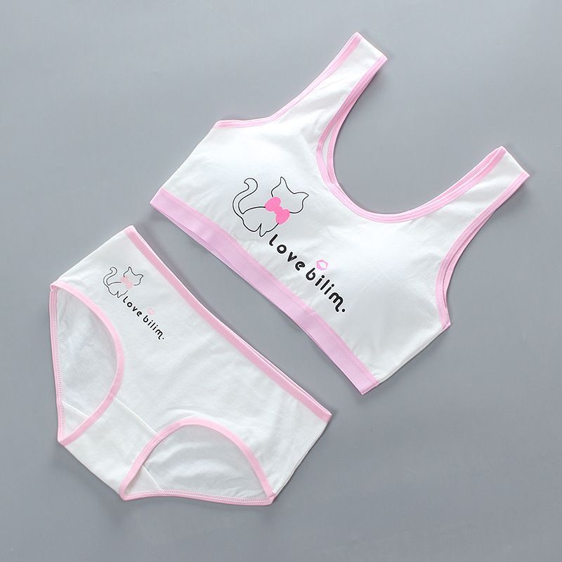 Soft Bra Teenage Underwear Bra Set Training Bras and Panties Puberty Students Bra Vest: Pink