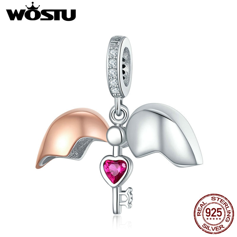 WOSTU Reine 925 Sterling Silber Open Heart Rose Gold Key Charme Perlen Fit Armband Halskette DIY Schmuck FIC844