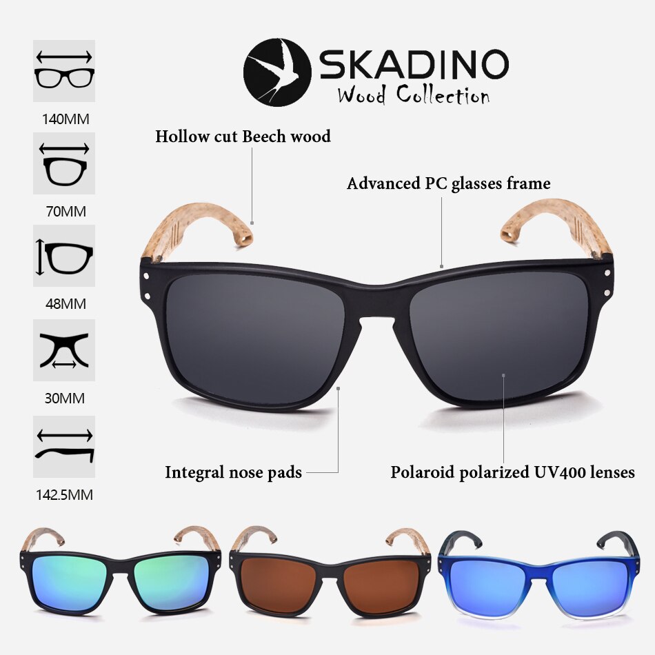 SKADINO Beech Wood Men Sunglasses Polarized Wooden Sun Glasses for Women Blue Green Lens Handmade Brand Cool UV400