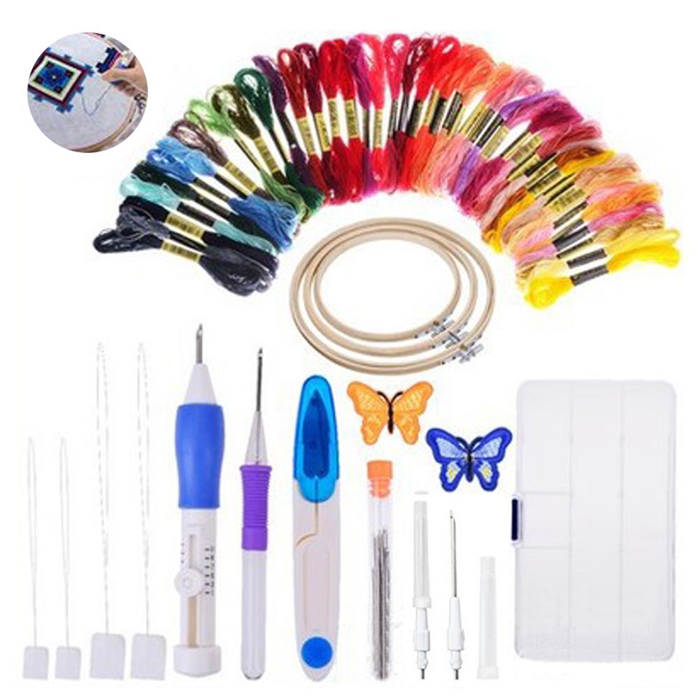 Embroidery Starter Kit Full Set-Magic Embroidery Pen Punch Needle,Hoops,Threads,Stitching Punch Pen Set Craft Tool for Beginner: C
