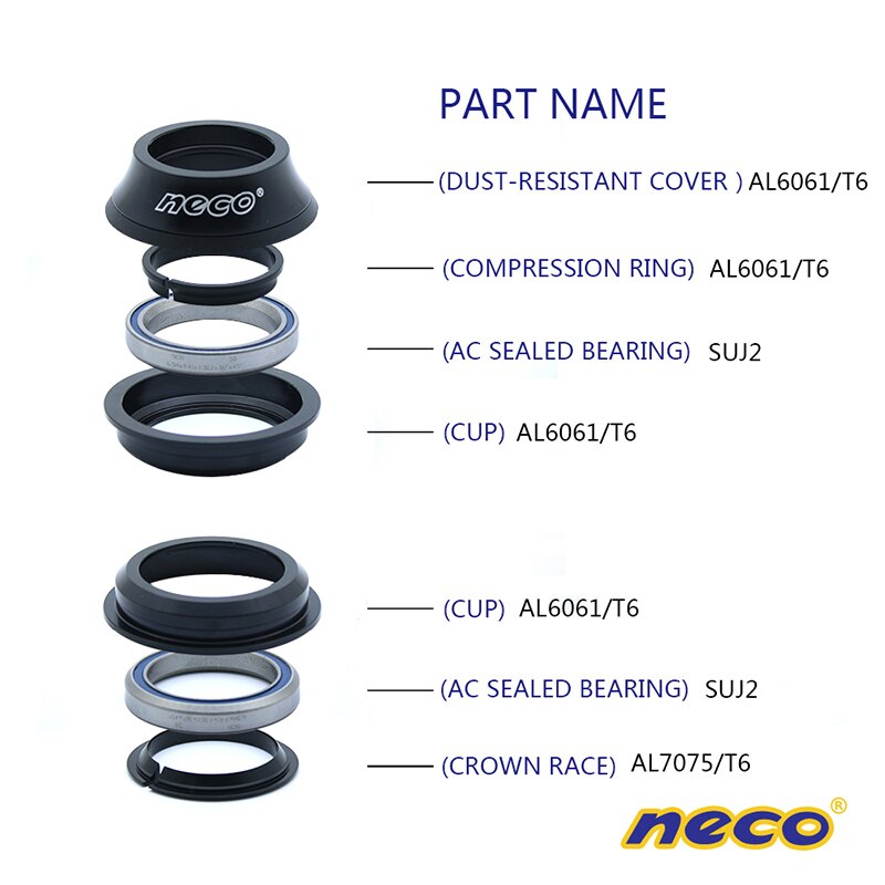 Neco bike Headset 44 44MM ZS44 28.6 30 1 1/8 Semi-Integrated Threadless H146 Retainers Fixed Gear Road Bike Headset MTB