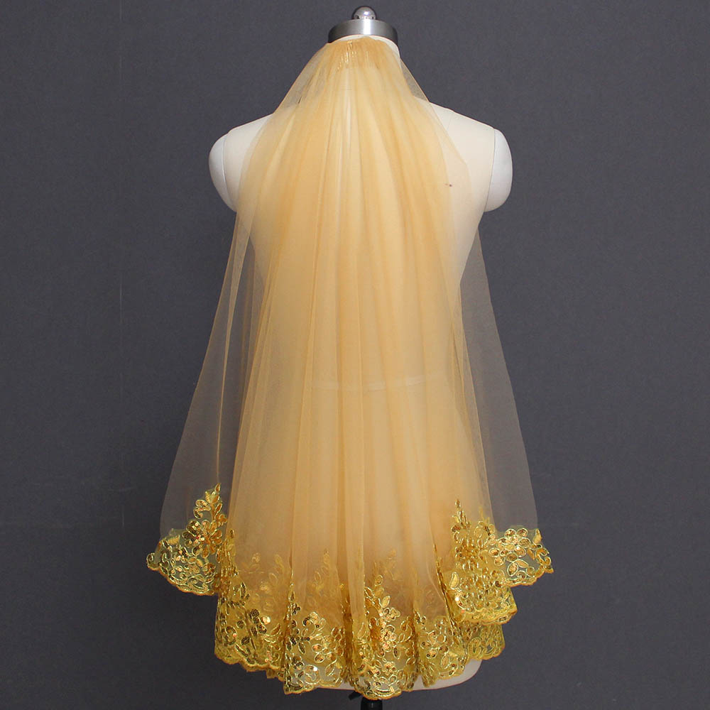 Velo de novia de encaje dorado con lentejuelas brillantes, velo de novia corto de una capa colorido con peine, accesorios de boda de gasa