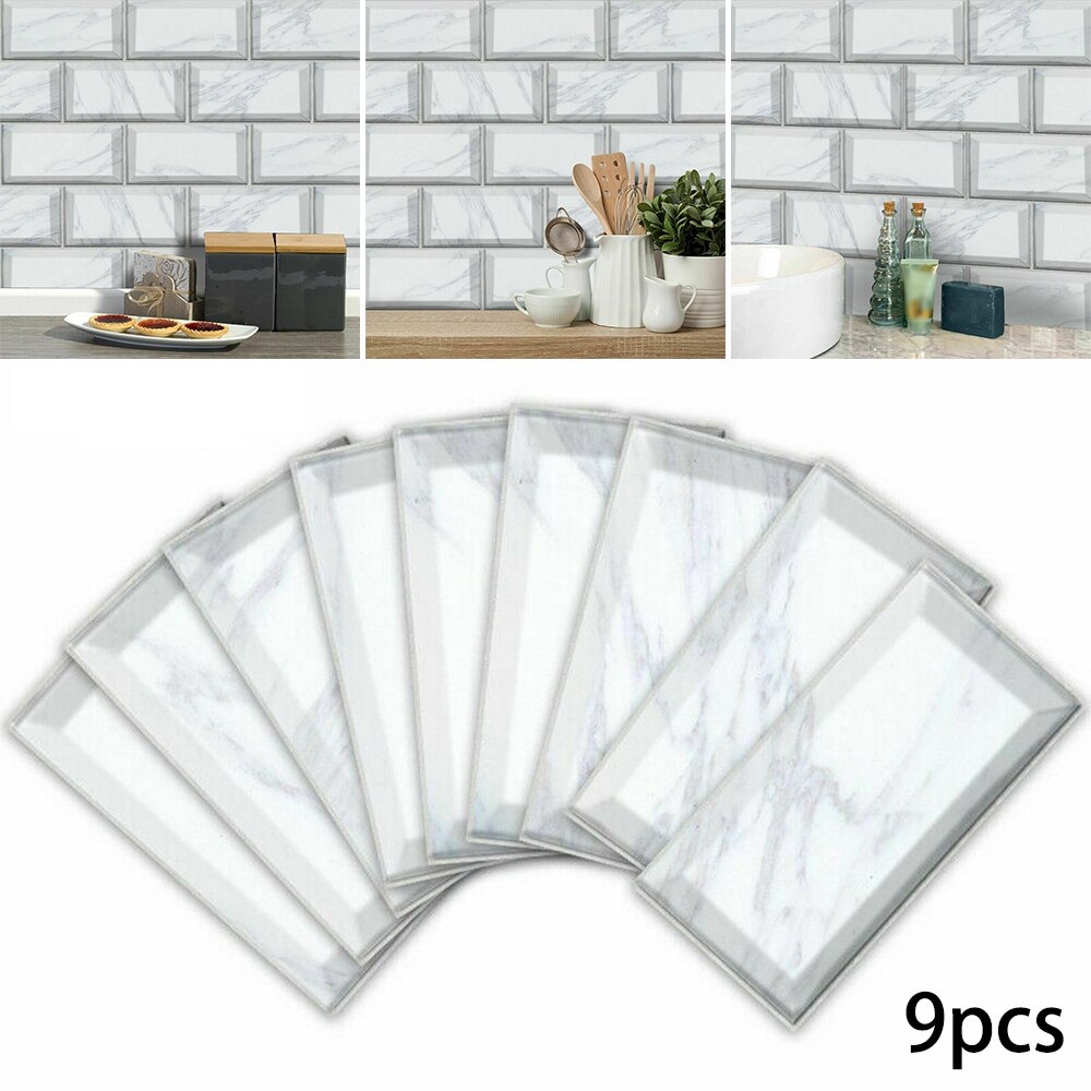 9pcs/set Wall Stickers White Marble Bricks Adhesive Bathoom Kitchen Wall Tile Stair Sticker 20x10cm Practical