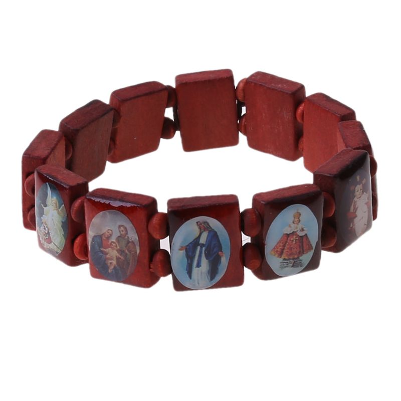 4Pc Katholieke Sieraden Christian Levert Houten Icoon Elastische Bead Armband