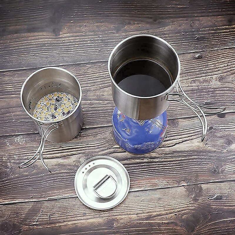 2Pcs Foldable Camping Cups And Mugs Pot 304 Stainless Steel Outdoor-Cookware-Set With Vented Lid,Camping Kettle