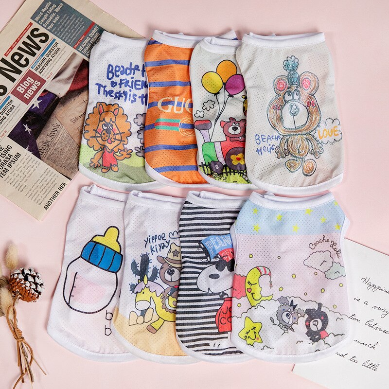 Ropa de verano de seda de hielo para mascotas, chaleco transpirable con estampado de dibujos animados de animales, para gatos, Yorkshire, cachorro