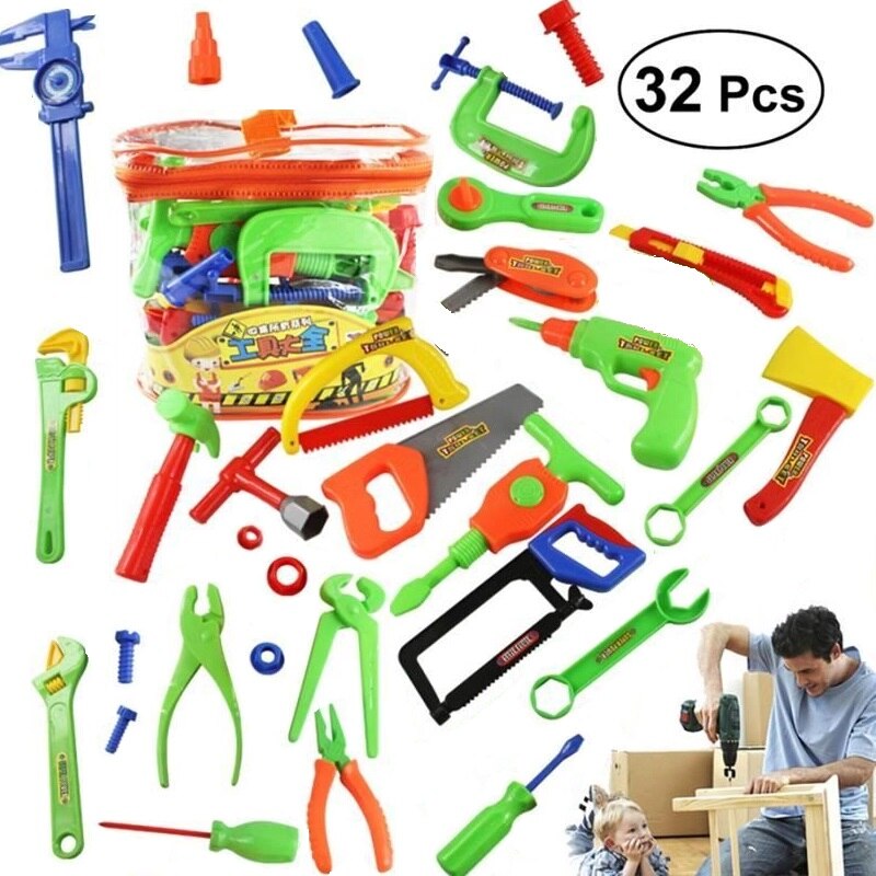 32 Pcs Plastic Repair Tools Set Simulation Hammer Nails Nuts Screwdriver Model Children's Toy Pretend Play Kids