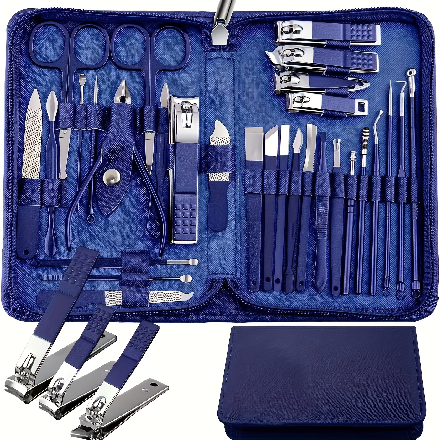 Juego de cortaúñas de acero inoxidable, herramientas para uñas verdes, juego de manicura y pedicura, Kit de aseo de viaje, 30 Uds.: Azul