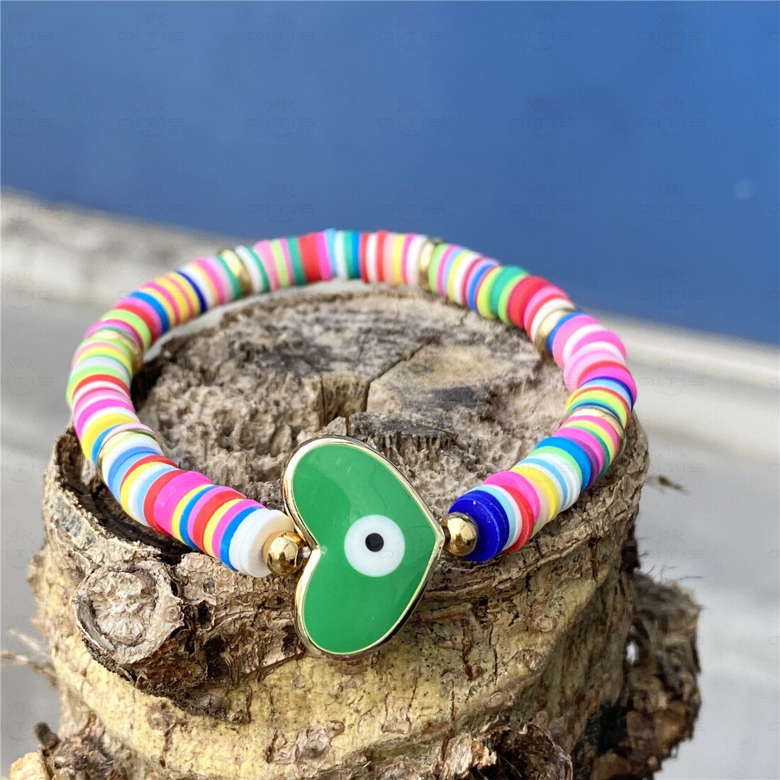 Boho boze oog armband polymeer klei afrikaanse armbanden meisje heishi schijf kralen ojo turco vrouwen koppels armband: Groente / 18cm
