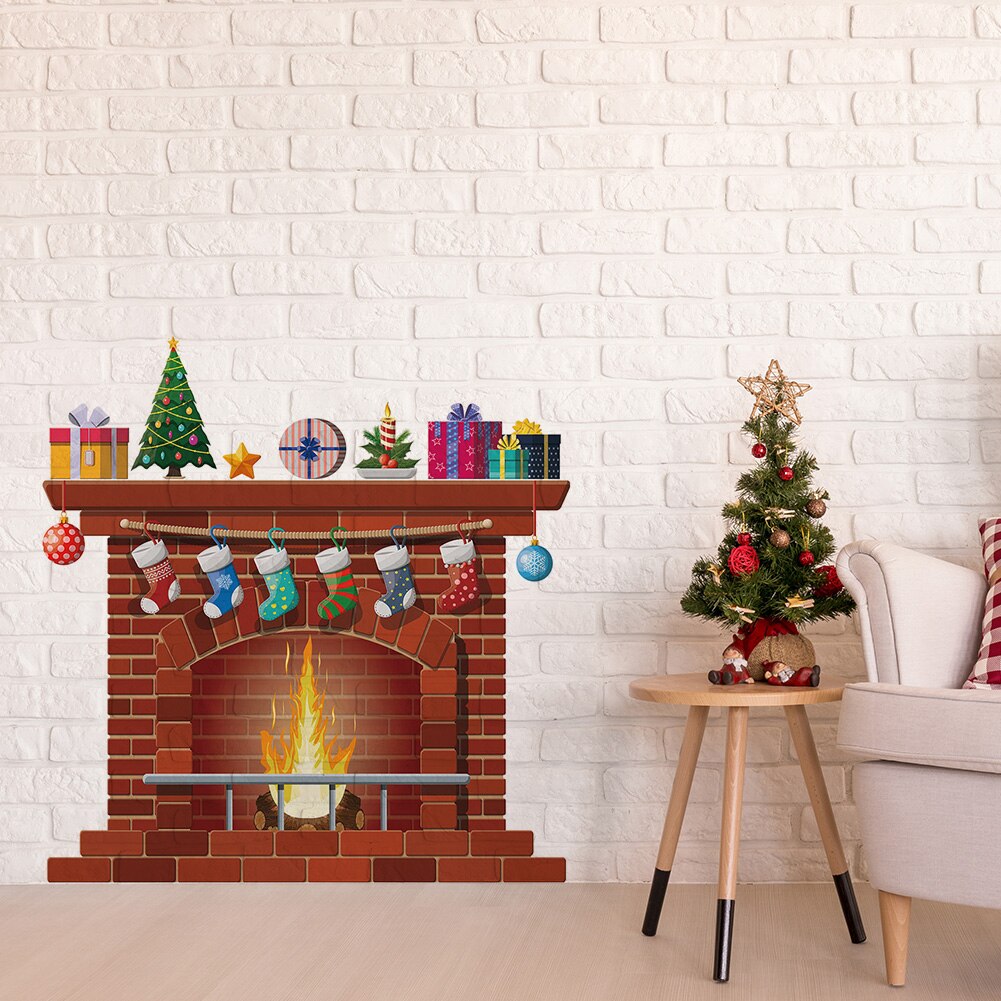 Christmas Socks Fireplace Wall Stickers Removable Window Glass Door Room Decal Self-adhesive PVC Year Home Decor
