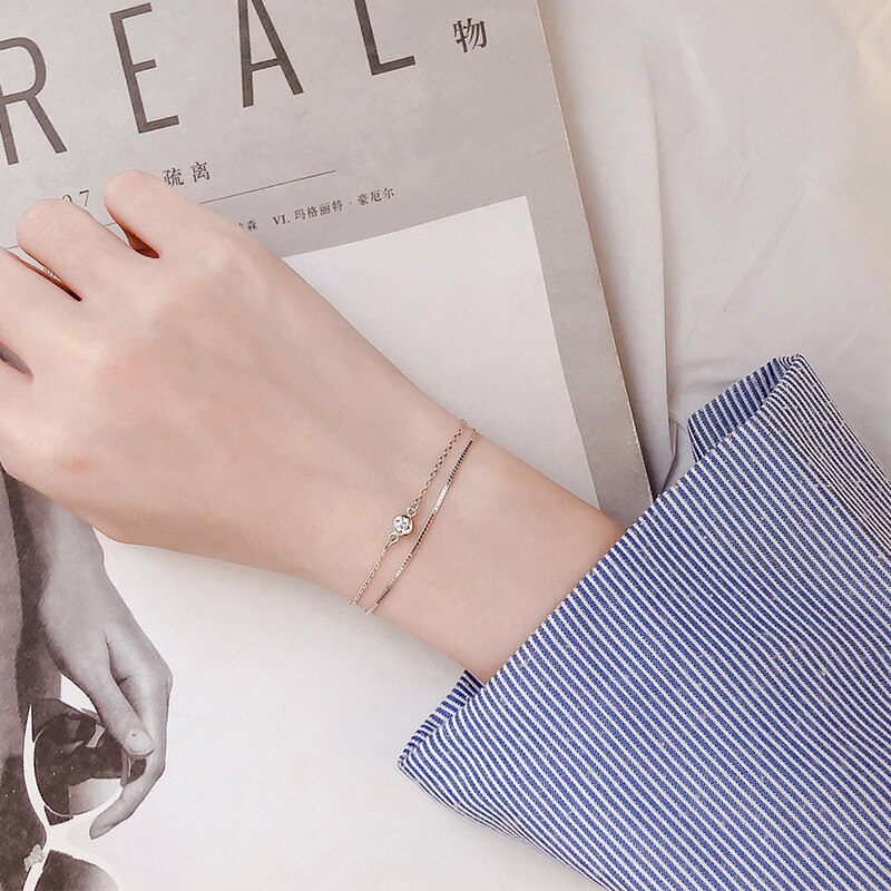 Pulsera de cadena de plata de ley 925 para mujer, brazalete con abalorios de diamantes redondos de doble capa, joyería para mujer