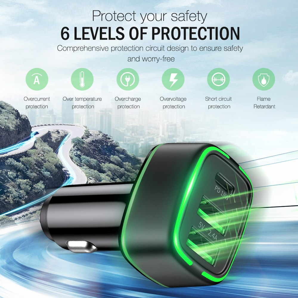 Autolader 18W Usb-poort + 18W Pd Usbc Poort Led Light Quick Charge 3.0 Mobiele Telefoon Fast voor Iphon 12 11X8 Huawei P40 P30 In Auto