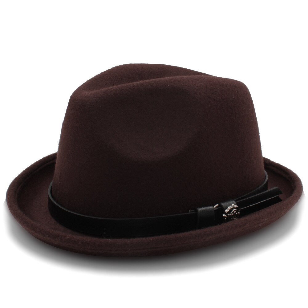 Mænds filt fedora hat til herre vinter efterår kirke roll up brim homburg far jazz hat med bælte: Kaffe