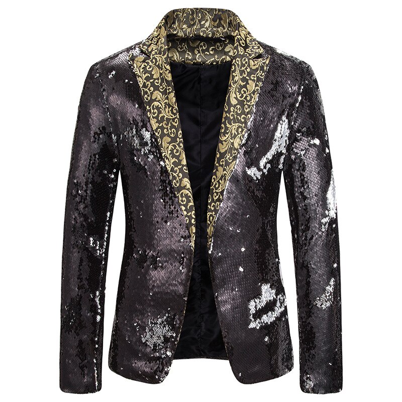 Men's Sequin Suit Jacket - Single Breasted - Full Sleeve - Notched Collar - Stage Performance: Black