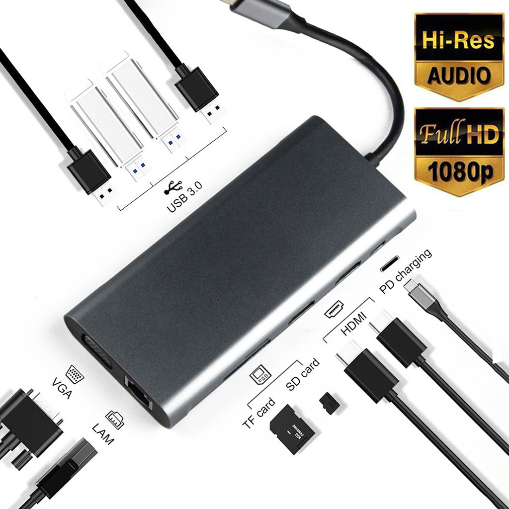 11 in 1 USB Hub Type C naar Dubbele HDMI + RJ45 + VGA Type C naar 2 HDMI PD SD TF Kaartlezer Audio VGA USB 3.0 USB Hub