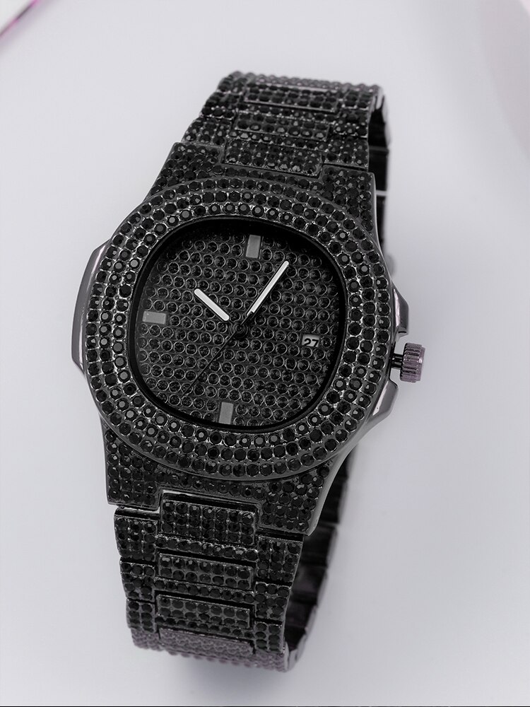 1 Stück Business Kalender Männer voller Diamant schwarz Stahl Band Quarzuhr