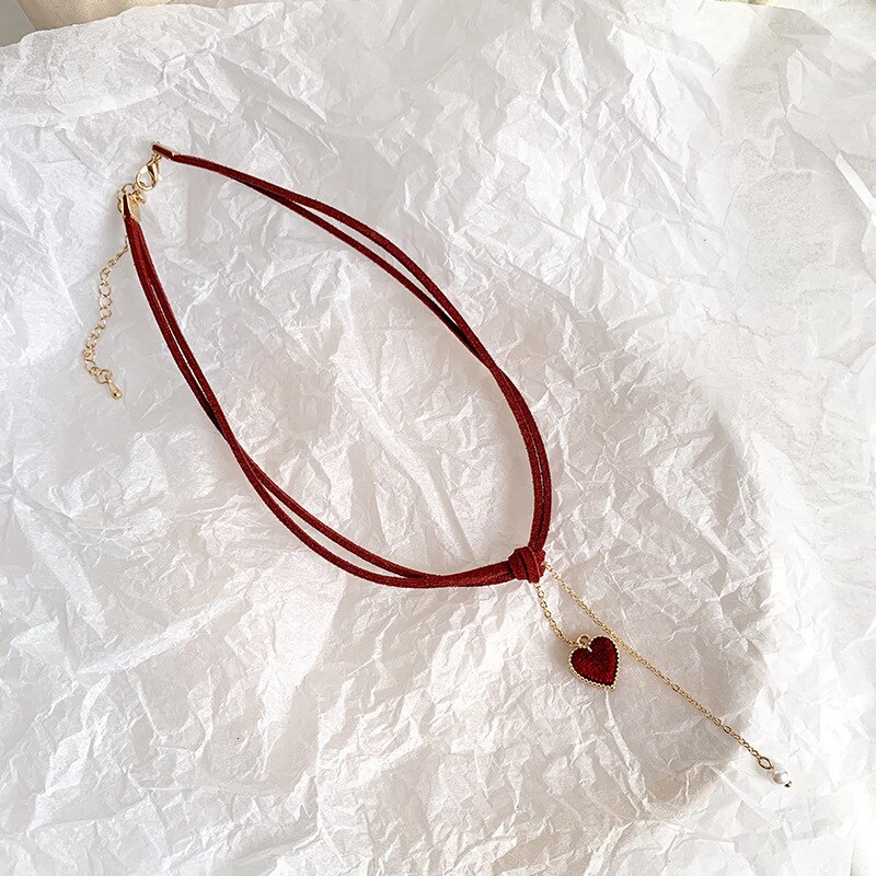 Women Chokers Necklaces Trendy Chain Cotton Heart Party Necklace For Female Korean Jewelry Red Heart Necklace